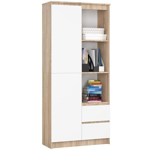 AKORD Bibliothèque de Bureau Rangement CLP | 80 cm 7 Etagères 2 Tiroirs et Portes | Grand Meuble pour Documents Livres de Chambre Minimaliste | Panneau...