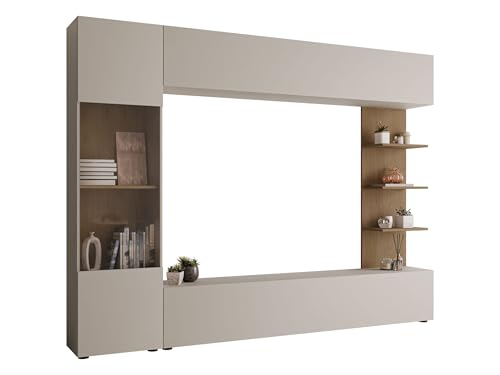 Lazando meuble de salon composé d'un mur d'extension, mur de média, armoire avec meuble suspendu, vitrine, TV bas et étagère murale (cachemire/chêne crèmone)