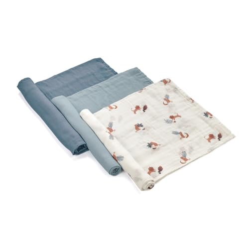 Jané Set 3 Mussole Neonato 80x80 cm, Cotone e Bambù Naturale, Traspiranti, Multiuso, Antiallergiche, blu
