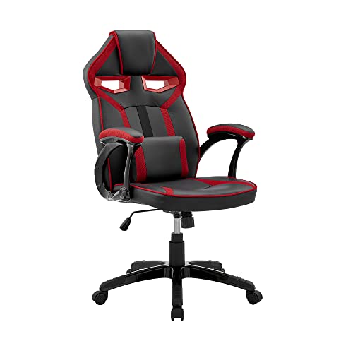 Armen Living Aspect Office Gaming Chair with Lumbar Support Pillow, Height Adjustable 360° Swivel, Black Faux Leather and Red Mesh