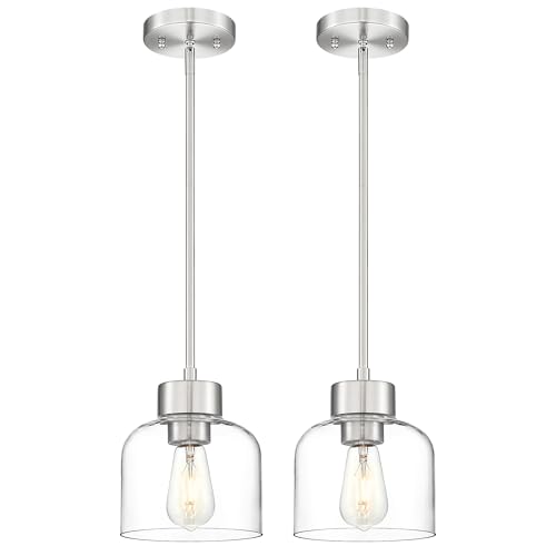 Image of 2-Pack Brushed Nickel Kitchen Pendant Lights, 7 inch Clear Glass Shade