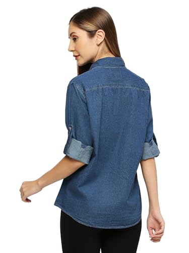 Image of Women's Denim Shirt with Roll-up Sleeves, Blue, 100% Cotton | Classic Denim Shirt | Shirt for Women Stylish Western | Beach Summer Shirt for Women