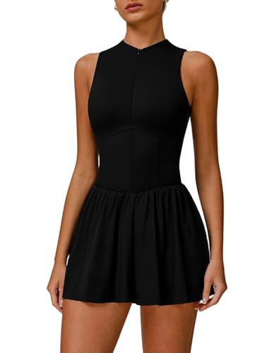 Womens Tennis Golf Dress with Built-in Bra Shorts Zipper Slim Fit A-line Hem Skirt Athletic Dresses with Pockets