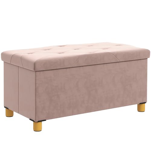 HOMCOM Puff Almacenaje, Banco Almacenaje Plegable, Capacidad de 67 L, 76x38x38 cm, Tapizado en Terciopelo, Baúl de Almacenamiento Dormitorio, Carga 120 kg, para Sala de Estar, Entrada, Rosa