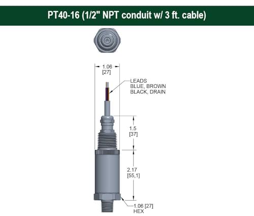 High Accuracy Fixed Range Pressure Transmitter, 0 to 5000 psi Gauge, ±0.125% of Span, Non-linearity Best fit Straight line, 0 Vdc to 5 Vdc, 3-Wire, 1/2 NPT Male, 1/2 NPT Conduit with 3 ft Cable