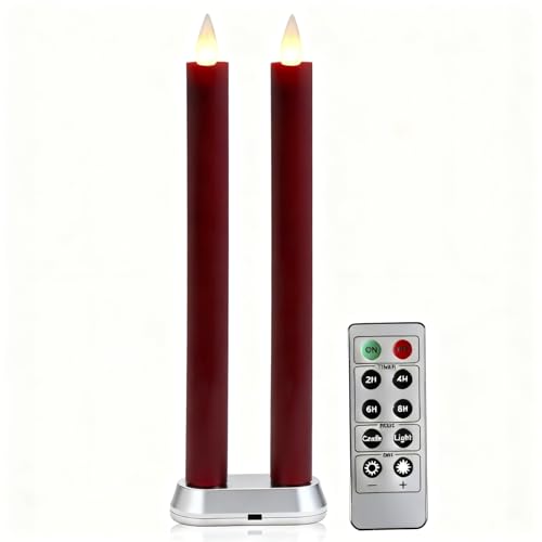 Image of Rechargeable Flameless Tealights Candle with Remote Timer, 3D Moving Flame Real Wax Candles (Includes Remote Control, Charging Base, and USB Cable) (Rech-2Taper-Burgundy, 9in)