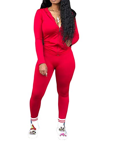Sweatsuits Set Womens 2 Piece Sweatshirt Sweatpants Full Zip Hoodie Tracksuits Sportswear with Pocket Red S