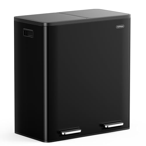 VonHaus Cubo de Basura Cocina Reciclaje 2x30l, Contenedor Grande 60L, Sistema de Separación de Residuos con Base Antideslizante y Compartimentos Extraíbles (Negro, 60 L (2 x 30 L))