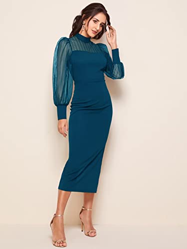 Image of Sheetal Associates Women's Polyester Bodycon Maxi Dress with Net Full Sleeves Round Neck Self Design Pattern and Bodycon Style | Maxi Dress for Women