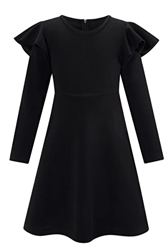 Mädchen Kleid Winter Flutter Langarm Skater Kleid Kinder Party Kleider mit 2 Seitentaschen Einfarbig Casual A-Linie Kleider 5-12T, Schwarz , 9-10 Jahre Cover