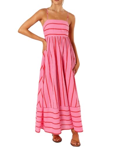 Image of NUFIWI Women Summer Striped Maxi Dress Spaghetti Strap Cutout Ruffle Long Dress Flowy Swing Beach Vocation Dress