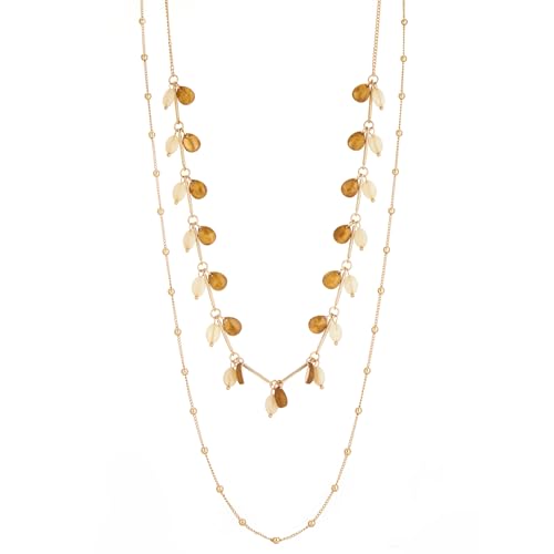 FULU AUTUMN Collier Femme Long en Or Collier Statement avec Perles Chaine Double Rang Bijoux Fantaisie pour Femme Cadeau la Fête des Mères(Camel)