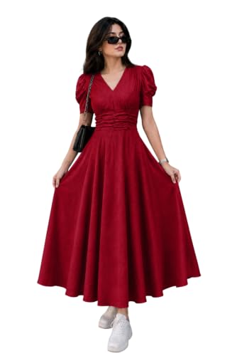 Image of Preneum Girl's & Women's Solid Color V-Neck A-Line Maxi Dress for Women | New Year Party Outfit | Waist Cinched Puff Sleeve Western | Elegant Casual Wear (Availble in Plus Size)