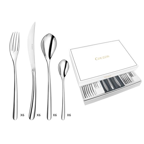 COUZON - Ménagère 24 couverts de table en coffret pour 6 personnes - Elixir - Acier inoxydable 18/10, Finition Miroir, Epaisseur 3 mm - Inox