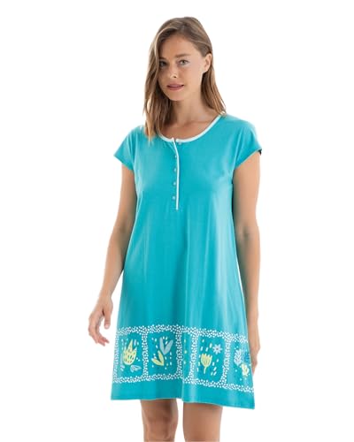 MASSANA Camisón de Algodón para Mujer L257218, Manga Corta, Diseño Estampado, Color Turquesa (Verde, XL)