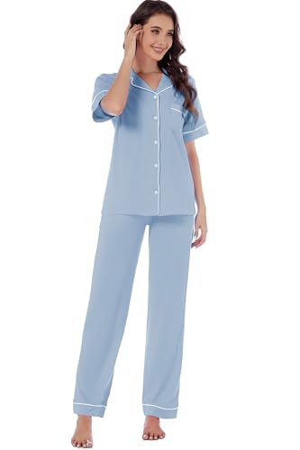 Image of LUBOT 100% Cotton Pajamas for Women Pajama Set Soft 2 Piece Sleepwear PJ Set Long Sleeve Button Knit Cozy Loungewear XS-XXL