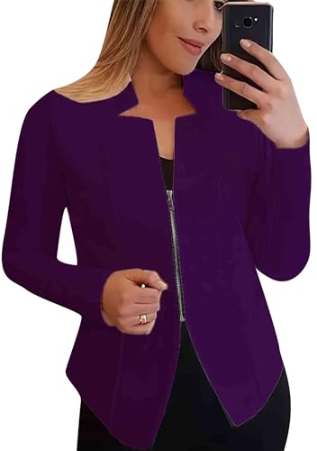 Women's Zip Up Business Blazer Long Sleeve Oversized Suit Jackets Casual Loose Fit Blazers
