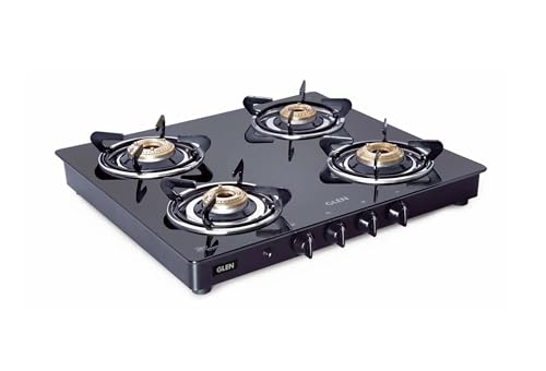 Glen Gas Stove 4 Burner Toughened Glass Top LPG Gas Stoves | Fuel Efficient Auto Ignition Brass Burners Black | 360 Degree Revolving Nozzle | 2 Year Warranty (1041 GT BB BL AI)