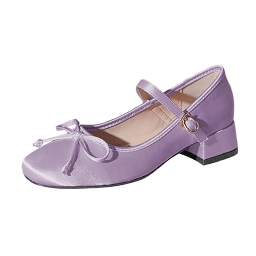 XYD Women Round Toe Mary Jane Low Heel Pumps Single Strap Bowknot Chunky Heel Satin Cute Date Shoes