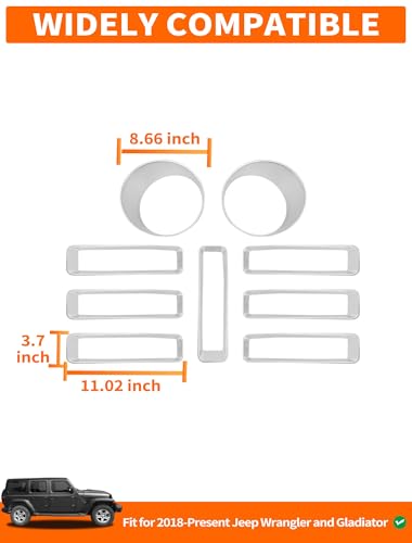 Image of Savadicar 9-Piece Silver Front Grill & Headlight Trim Cover Set for Jeep Wrangler JL JLU 4xe & Gladiator JT 2018-2023 - Exterior Decorative Upgrade Accessories