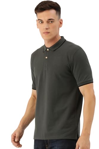 Image of Peter England Men's Snug Fit Solid Polo T-Shirt with Coloured Collar Tipping| Cotton Rich| Premium Pique Weave