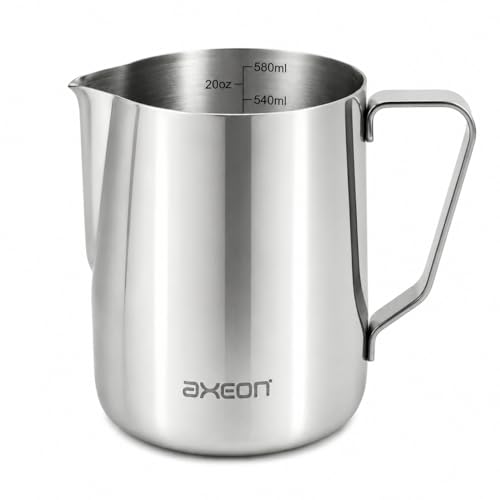 Image of Axeon Stainless Steel Milk Frothing Pitcher | Espresso Milk Frother Jug with Internal Scale & Matte Coating | V-Spout for Latte Art | Barista Steam Jug for Cappuccino & Coffee (Silver, 600ml /20oz)