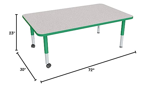 Image of Sprogs Adjustable Height Mobile Classroom Activity Table for Preschools, Rectangle Preschool Activity Table with Casters, 36 inchD x 72 inchW x 23 inchH, Gray /Green