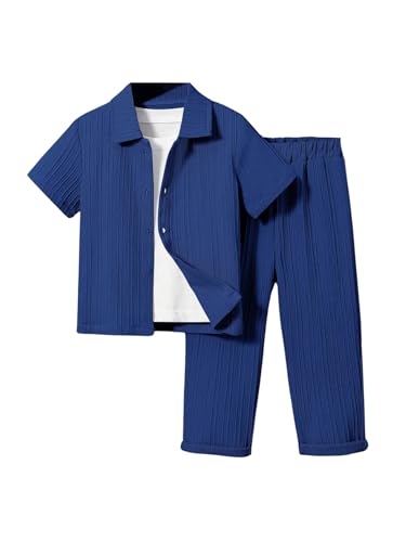 Image of RoseSeek Boy's 2 Piece Outfits Textured Button Down Short Sleeve Collar Shirts Tops and Elastic Waisted Pants Royal Blue 4Y