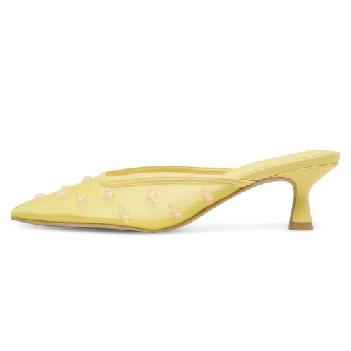 Image of Women Kitten Heel Mules Crystal Flower Decor Mesh Pointed Toe Low Heel Casual Pumps