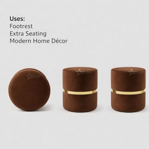 Image of Round Single Strip Upholstered Stool Living Room Foot Rest Linen Fabric Padded Seat Pouf Ottoman Office Stool Brown