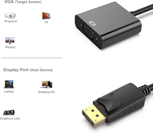 Image of Tobo DP to VGA Adapter, DisplayPort to VGA Adapter Converter Male to Female Gold Plated Connector 1080p for DELL /HP /Lenovo /Asus /Chromebox - TD-260TC