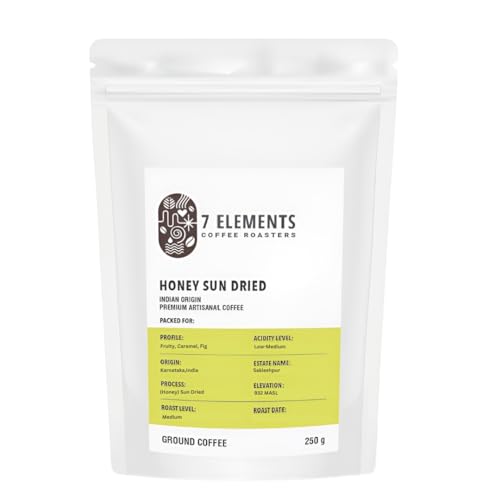 Image of 7 Elements Coffee Roasters Honey Sun Dried Ground Coffee - 250 g (Pack of 1) | Medium Roast (Pour-over Grind) | 100% Arabica Freshly Roasted Coffee Grounds | AA Grade | Rich Flavorful Coffee