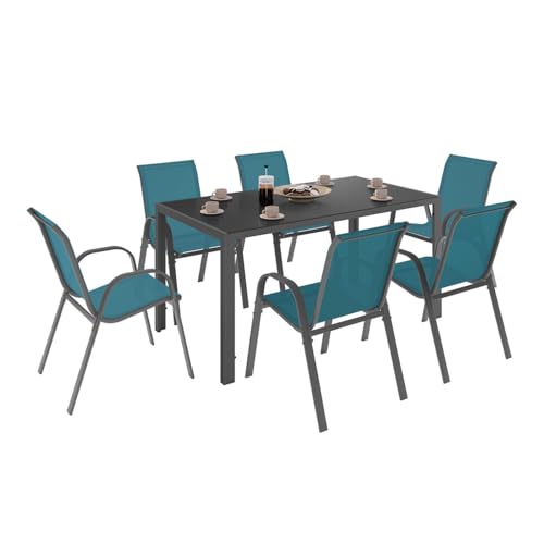 IDMarket - Salon de Jardin Madrid Table 150 CM et 6 chaises empilables Bleu Canard