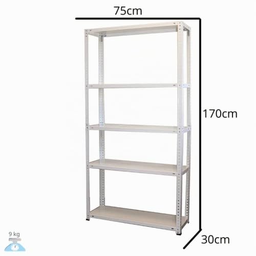 Estantería Metálica Modular Blanca 5 Baldas 170x75x30 cm, Capacidad 250 kg, Estantería de Almacenaje para Garaje, Trastero, Taller, Almacén, Despensa y Oficina