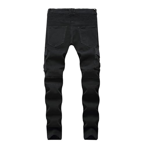 Mens Biker Jeans Zipper Decor Washed Denim Pants Slim Fit Stretch Moto Style Straight Leg Trousers2