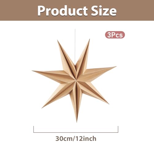 Image of SUNBEAUTY 3 Pcs 7-Pointed Natural Paper Star Lanterns 12 Inch Christmas Hanging Lamp Rustic Paper Decorations Shade Wedding Birthday Christmas Home Party Decorations