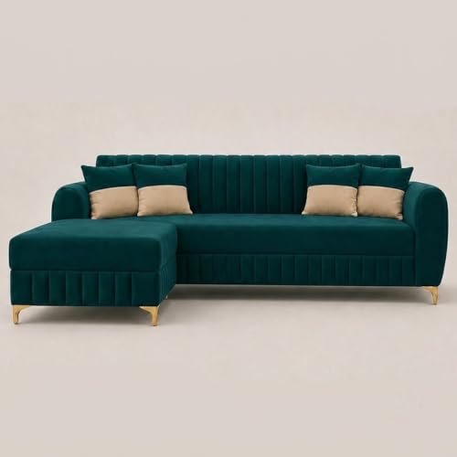 Image of CASASTYLE Signature Velour 4-Seater L-Shape Sofa Set with Movable Ottoman | Flexible LHS /RHS Layout | Boston Matte Fabric | 40D Foam + Zigzag Spring | 3-Yr Warranty (Ocean Green)