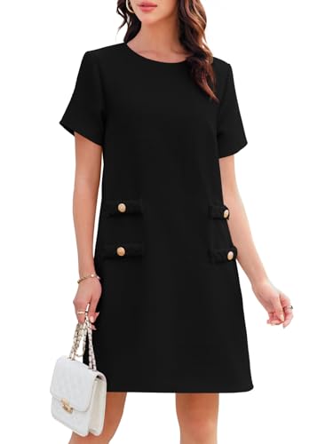 Wenrine Women's Tweed Mini Dress Short Sleeve Crew Neck Work Office Elagant Formal Summer A Line Dresses