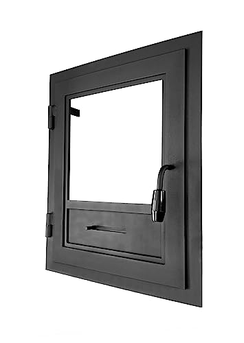 Puerta de ahumadero de una Hoja de 40 x 60 cm, Puerta de Chimenea con Vidrio para Horno de Pizza, Hierro Fundido. Sentido de Apertura: Izquierda | El Mango está a la Derecha.