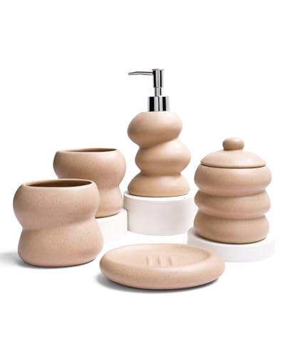ANTIS'S HOME Keramik Badezimmer Set 5-teilig in Mattbeige mit Sprenkel-Design – Modernes Bad-Accessoires Set mit Seifenspender, Zahnputzbechern, Seifenschale & Wattestäbchenbehälter