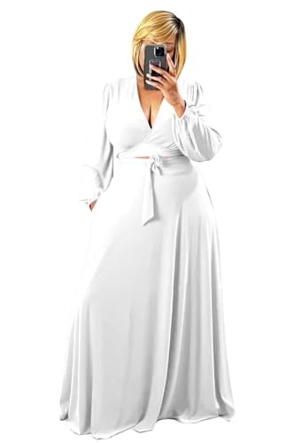 Image of Plus Size Women's 2 Piece Outfits Casual Long Sleeve Wrap Crop Top Maxi Long Dress Flowy Matching Sets