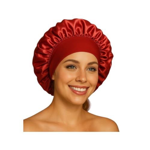 Gorro para Dormir de Satén - Protección para Pelo Rizado y Liso - Gorro de Seda para Evitar Frizz y Mantener Rizos Definidos Durante la Noche - 6 Colores Diferentes (Rojo)