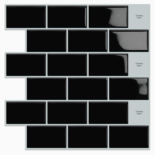 DEWOO Autoadhesivos Vinilo Baldosas Metro Azulejos Adhesivos Pared Cocina y Baño,Negras (10-Piezas,30.5 x 30.5cm)