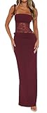 Lingt Chic Women's Lace Splicing Cutout Maxi Dress Square Neck Sleeveless Bodycon Long Dress with Sheer Corset Burgundy