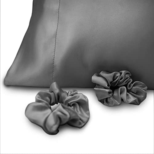 Alexandra's Secret Satin Bed Zippered Pillowcase With Scrunchies For Hair And Skin Pack Of 2 Gift Set Luxury Soft And Cooling Sleep Silky Pillow Cases With Zipper (Standard, Charcoal) #TOP2
