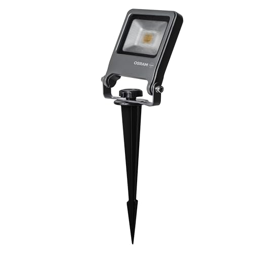 Osram ENDURA Projecteur de Jardin à Piquet, 10W, 800lm, 3000K Blanc Chaud, IP65, Câble de 2m avec Prise, Aluminium Gris Foncé