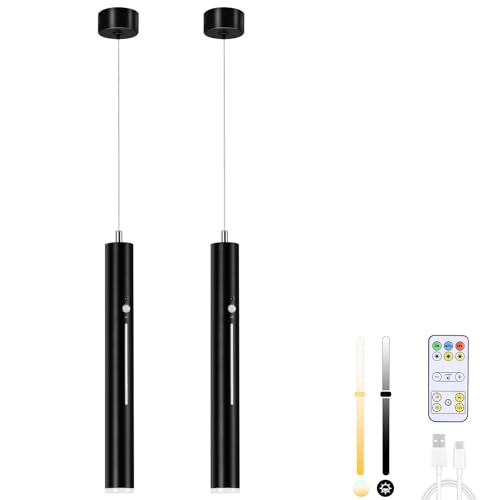 Lightsjoy 2er Hängelampe mit Batterie 5000 mAh Akku Pendelleuchte mit Fernbedienung Hängeleuchte Ohne Strom Dimmbar Schwarz Lampen Hängend mit Bewegungsmelder für Küchenlampe Schlafzimmer Wohnzimmer
