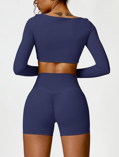 Image of ABOCIW Women Square Neck Long Sleeve Workout Crop Top Low Medium Impact Athletic Yoga Gym Shirts with Built in Bra(ONLY TOP)