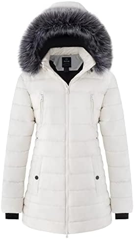 Wantdo Women's Long Parka Winter Jacket Fur Hooded Quilted Lined Coats Beige XL