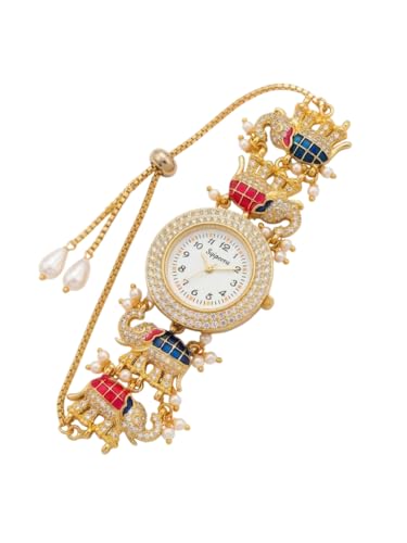 Image of Kashmiri Watch for Women | Gold Tone Round Dial | Crystal Studded Floral Design | Adjustable Chain Traditional Ethnic Jewellery Gift
